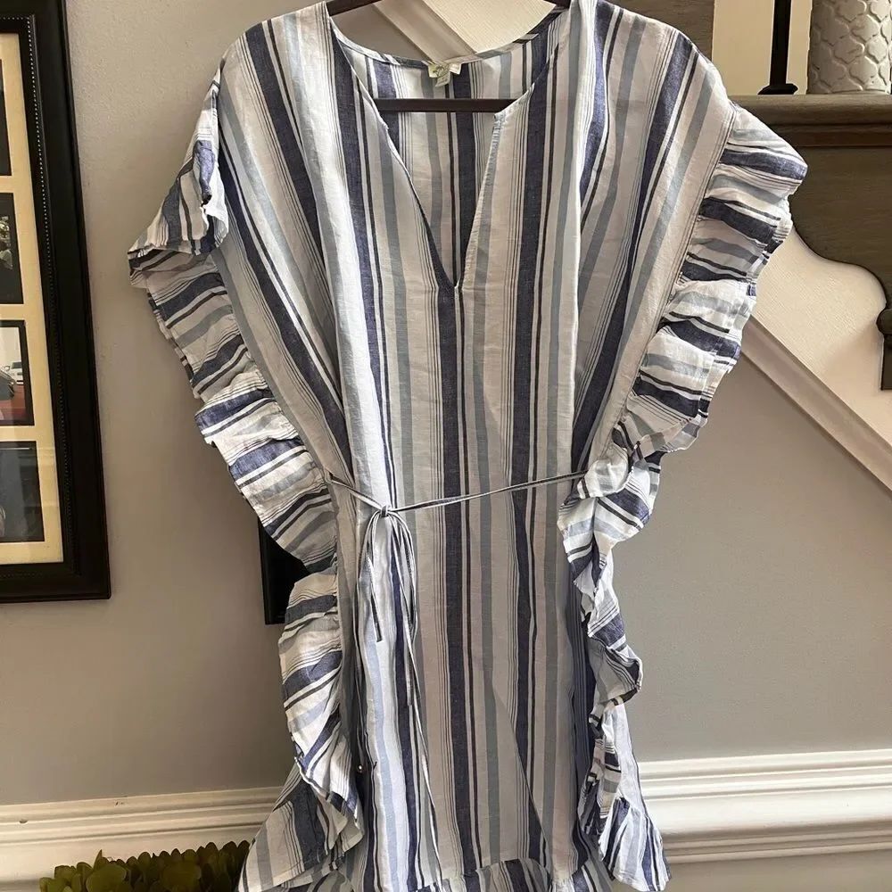 J. Crew Beachwear Blue Linen Striped Tie Caftan Cover Up sz S NWOT